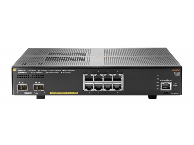 HPE Aruba Networking 2930F 8G PoE+ 2SFP+ Managed L3 Gigabit Ethernet (10/100/1000) Power over Ethernet (PoE) 1U Grey