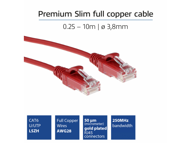 ACT Rode 0.25 meter LSZH U/UTP CAT6 datacenter slimline patchkabel snagless met RJ45 connectoren